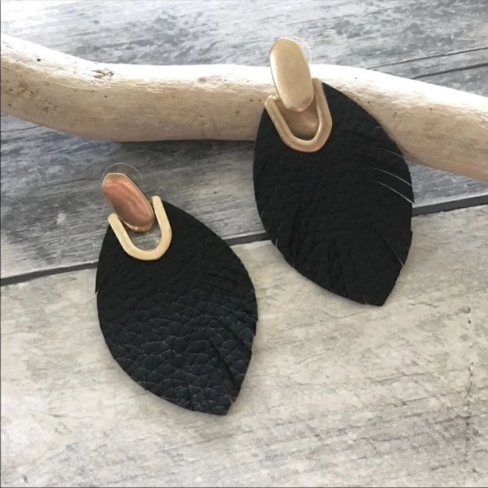 Black Vegan leather leaf earrings w/ brush gold